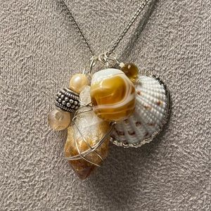 CARAMEL AND CREAM MERMAID silver tone necklace w/ shells beads & crystal charms